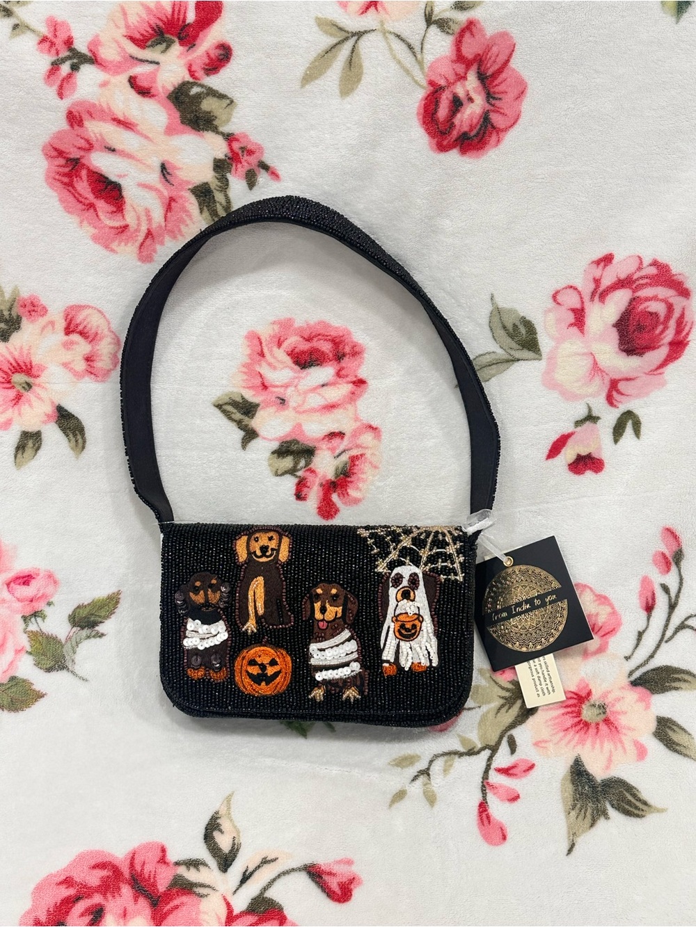 Black beaded shoulder bag in Halloween Dachshund Dogs in Costume